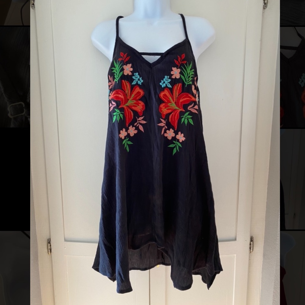 Black crepe dress w/ floral embroidery.  Adjustable straps